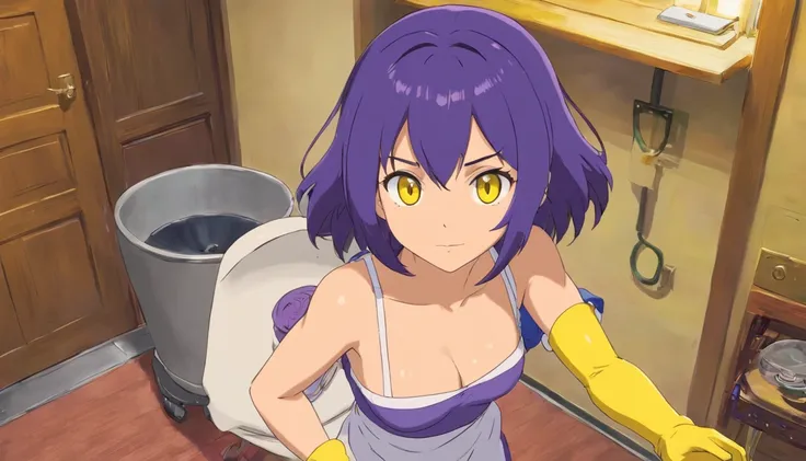 anime version girl, almost black blue hair, dressed as a cleaning lady, purple body, yellow eyes, full body, looking at the viewer, in a suite room, medium breasts, medium body, medium hips, medium ass, flowing hair, face defined, muscular