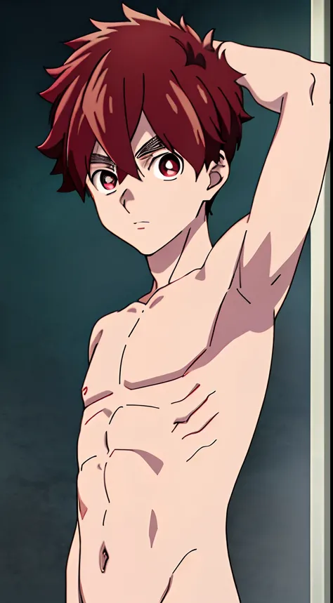 masterpiece, best quality, high quality, 1boy, solo, male focus, looking at viewer, upper body, kabane_kusaka, red eye, red hair, slim body, short body, (shirtless, topless, bare chest), armpit,  show his armpit