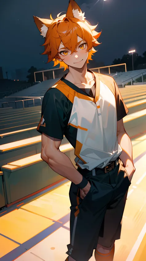 1boy,solo,20s,muscles,happy face,school sport outdit, orange hair,short hair,yellow eyes,wolf ears,(((standing in a high school baseball stadium))),night,cowboy shot