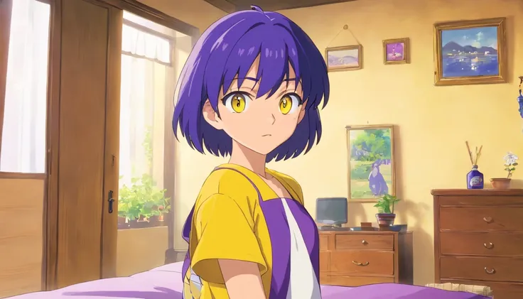 tomboy girl, short blue almost black hair, dressed like a cleaning lady, all purple body, yellow eyes, full body, looking at the viewer, in the bedroom of a suite, medium breasts, medium body, medium hips, medium ass, flowing hair, face defined, muscular