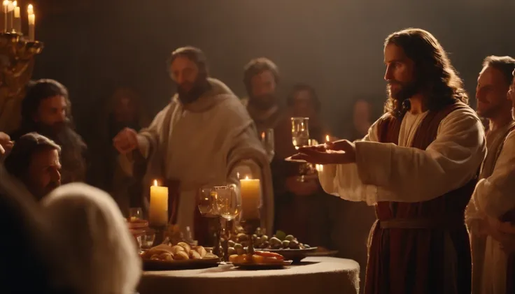 Jesus Christ performs the miracle of turning water into wine at the wedding feast at Cana