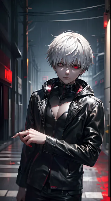 a male character, kaneki ken, hoodie, dripping rain, red and black color palette, detailed eyes and face, red eyes, silver hair,...