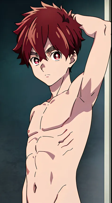 masterpiece, best quality, high quality, 1boy, solo, male focus, looking at viewer, upper body, kabane_kusaka, red eye, red hair, slim body, short body, (shirtless, topless, bare chest), armpit,  show his armpit