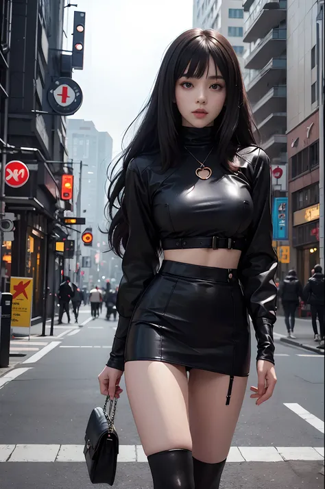 Anime girl standing on city street in leather skirt and black erotic lingerie, long-haired Ilya Kuvshinov, Guviz style artwork, anime art wallpaper 8 K, Guvitz on art station Pisif, Guwiz on Pisiv art station, cyberpunk anime art