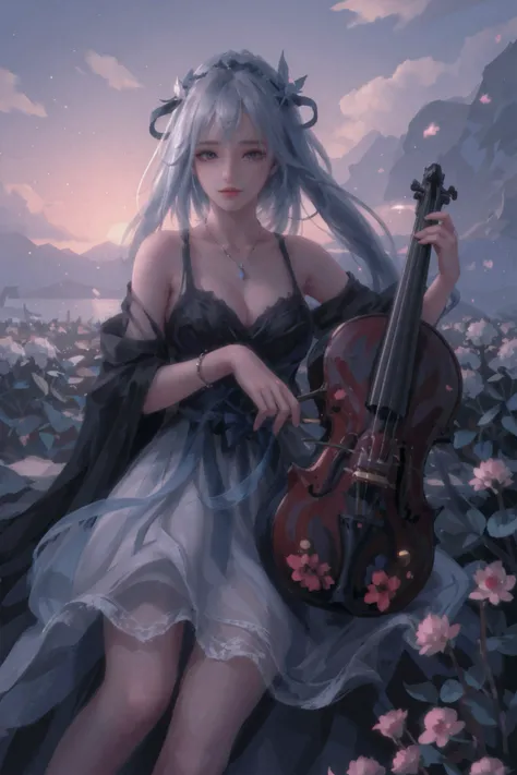 Raw, cinematic shot, (sharp focus:1.5), (photorealistic:1.4), twilight lighting, volumetric lighting, ultra high res, 16K,dramatic lighting, 1girl, solo, long hair, violin, instrument, black eyes, dress, white dress, white hair, looking at viewer, light pa...