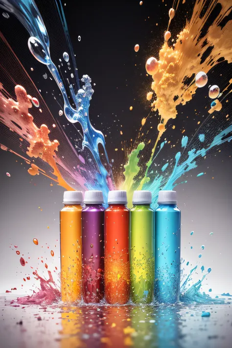 An explosion of highly textured color pigment in bottle of water