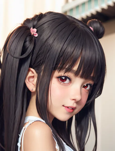 Menina do anime com cabelo preto longo e uma gravata borboleta rosa, anime moe artstyle, Nice anime face, Estilo anime. 8k, Loli, arte cg anime suave, [[[[sorrindo malvado]]]], Retrato Estilo anime, Estilo anime 4K, Arte de anime realista, kantai collectio...