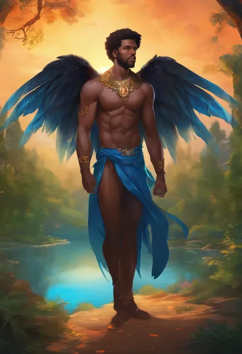 Black Demon Beautiful Male Black Man with Blue and Orange Details, Large Wings, Forest in the Background, Vibrant Colors, Full Body, Detailed Face, Detailed Hands, Detailed Legs, Detailed Fingers, Detailed Hair, Detailed Eyes, Detailed Skin, Lush Vegetatio...