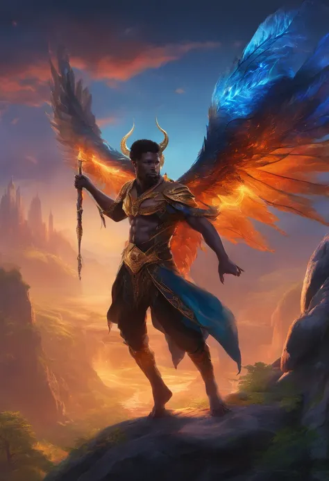 Black Demon Beautiful Male Black Man with Blue and Orange Details, Large Wings, Forest in the Background, Vibrant Colors, Full Body, Detailed Face, Detailed Hands, Detailed Legs, Detailed Fingers, Detailed Hair, Detailed Eyes, Detailed Skin, Lush Vegetatio...