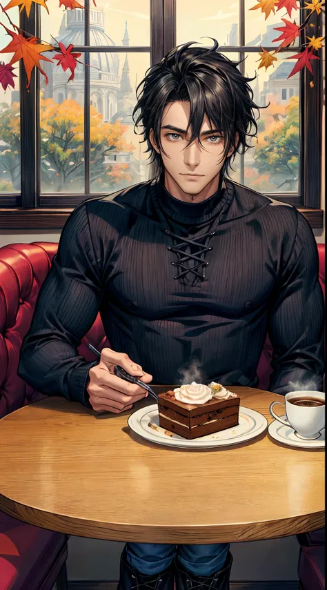 (Masterpiece, hiquality, absurdress), 1male, black hair, straight hair, gray eyes, a perfect face, sports body, 独奏,  Male body, male focus, Detailed eyes and face,  Cozy café, lots of flowers, a table, Drinking coffee, Eat Cake, sitting at a table in a caf...