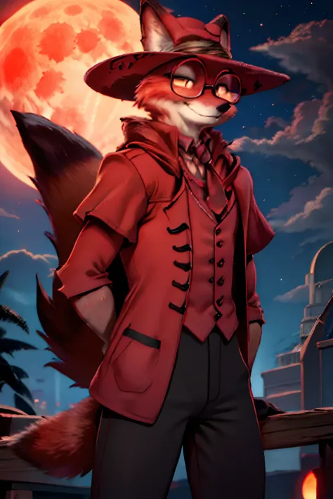 nike, red fox, male body, anthro, fox head, tail, black vest, black pant, long red cloak, wide-brimmed red hat, round yellow gla...