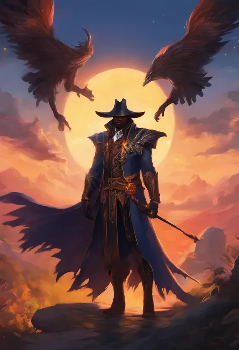 Black Demon wearing a mostly black ensemble featuring a two-tailed high-collared coat with gold lining and an elaborate white frill decorating with a bat emblem on it, making him resemble Castlevanias Alucard.  Beautiful Male Black Man with Blue and Orange...