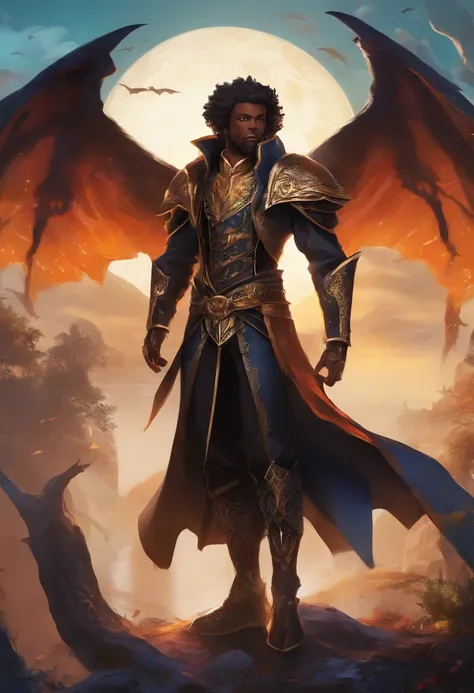 Black Demon wearing a mostly black ensemble featuring a two-tailed high-collared coat with gold lining and an elaborate white frill decorating with a bat emblem on it, making him resemble Castlevanias Alucard.  Beautiful Male Black Man with Blue and Orange...