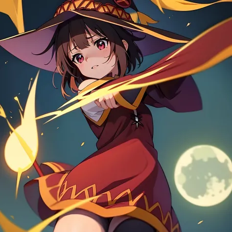 Megumin, olhos vermelhos, fundo noturno, Lua e cerejeira florescem, roupas fofas vermelhas,