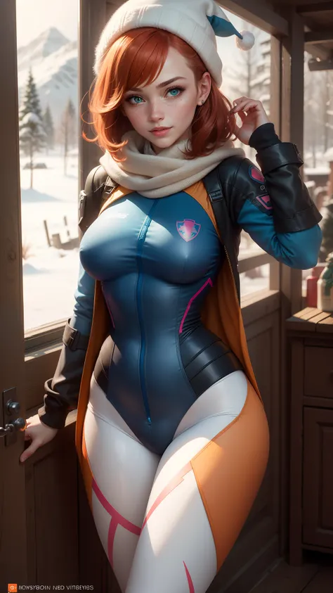 gwen tennyson,1girl,tracer,d.va,rebecca chambers,overwatch,gundam,close up,mecha pilot,winter mountain,rose and blue plugsuit,hair pin,pirate corset, white long sleeve lycra top,white leggings,short hair,cute makeup,green eyes,orange and blue hair,shy smil...