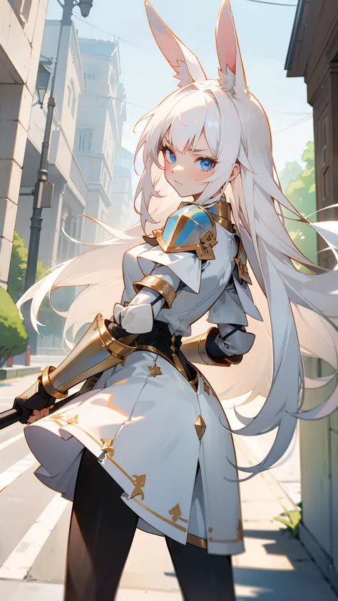 1rabbit girl,(small),solo,white hair,long rabbit ear,blue eyes,long hair,white blouse,white skirt,gold armor shoulder pads,knigh...