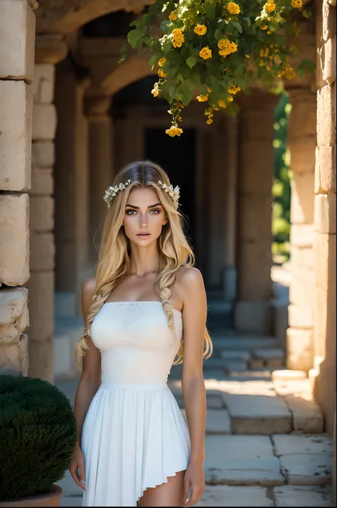 hiperrealistic, cinematic, La mejor calidad, Ultra detallado, (Profundidad de campo:1.2), gardens in greece, temple, goddess aphrodite, light blonde, beautiful face, 20 years, perfect eyes, ojos esmeraldas, peferct face, beautiful girl, Greek dress, full b...