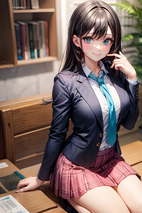 （hoang lap，hight resolution，Hyper-detailing，nffsw），tmasterpiece，best qualtiy，1girll ，Handsome，cabelos preto e longos，A detailed face，full body Esbian、A dark-haired、High School Uniform、pink blazer、Dark blue mini skirt、Pink tie、Schools、Full body S screw、Self...