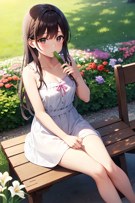 Girl sitting on a park bench eating lunch。Background is a flower bed、The flower is gypsophila、carnation（pink there）、lily flowers（yellow）、freesia（blanche）Blooming