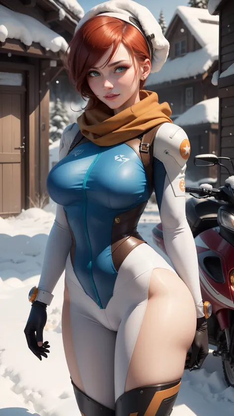 gwen tennyson,tracer,chun-li,rebecca chambers,overwatch,gundam,1girl,close up,mecha pilot,winter mountain,rose and blue plugsuit,hair pin,pirate corset, white long sleeve lycra top,white leggings,short hair,cute makeup,green eyes,orange and blue hair,shy s...