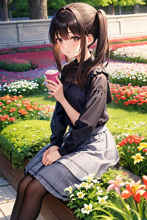 Girl sitting on a park bench eating lunch。Background is a flower bed、The flower is gypsophila、carnation（pink there）、lily flowers（yellow）、freesia（blanche）Blooming