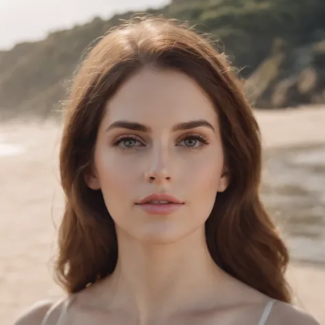 Lana Del Rey, Hyper-realistic selfie portrait , Across a wide range of, A thin, very extremely beautiful, ultra-detailed face, small breasts, Light on the face, Kale, against the background of the beach, A very sunny day.