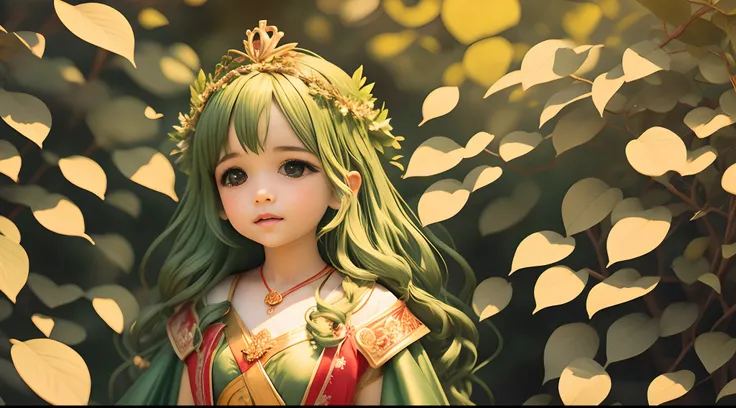 Fada pequena vestido verde asas azuis. crown of leaves on the head. Bolsinha. magic. magic wand. Esta chorando.  Prompt da Disney