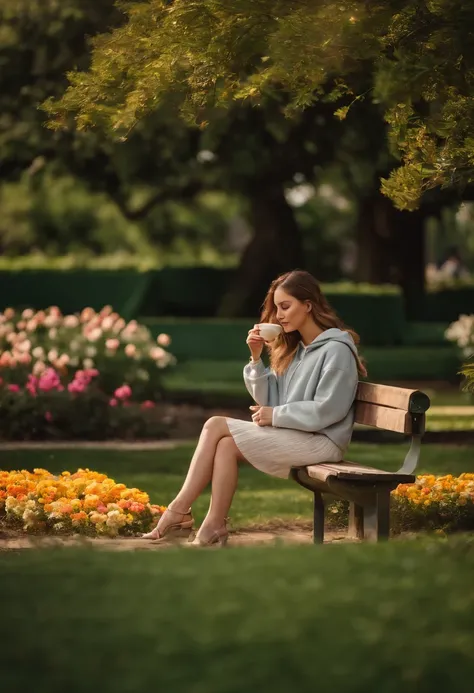 A girl sitting on a bench in the park, eating her lunchbox. She is wearing a light gray hoodie and white long pants. The background is filled with flowerbeds, where babys breath, pink carnations, yellow lilies, and white freesias are blooming. The camera c...