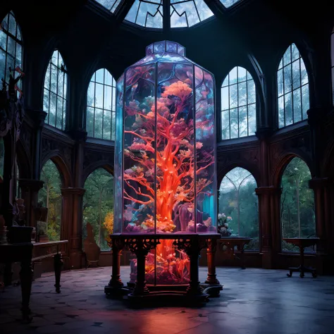 there is a large glass display with a bioluminescant colorful tree, mat collishaw, inspired by Mike Winkelmann, beeple and mike winkelmann, beeple and alphonse mucha, inspired by Kim Keever, inspired by David LaChapelle, beeple and james jean, david la cha...