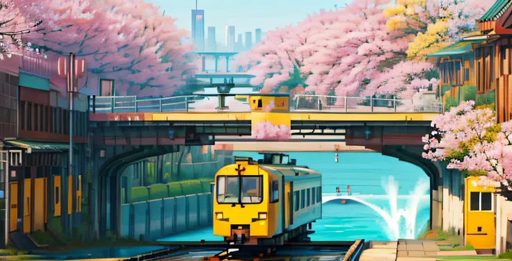 Yellow maglev train coming out of a tunnel, Cherry blossom at the top of the tunnel, Lake with futuristic city with tall buildings in the background, barcos no lago, dia