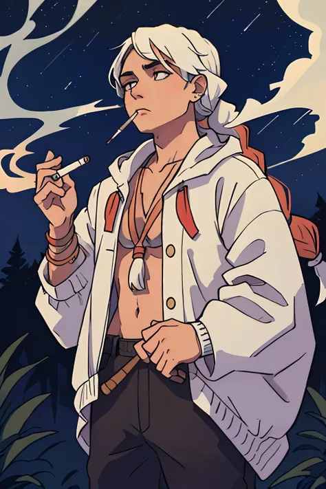 native American rapper with hair braided and his hair is white, smoking a cigarette in the woods at night