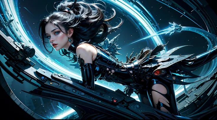 (masterpiece, top quality, best quality, official art, beautiful and aesthetic:1.2), (1girl), extreme detailed,(fractal art:1.3), highest detailed, black hair, blue eyes, pale skin, latex