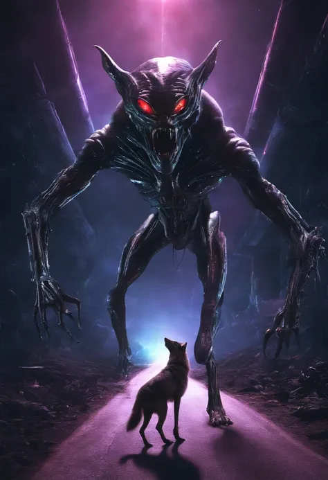 An alien petting a wolf in the middle of an abandoned road, a noite com lua cheia.