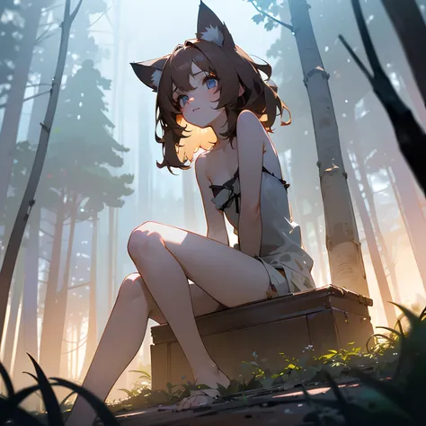 ((Masterpiece)),(Professional Photography:1.2), 8K, cinematic lighting, from below, ((eyes of look up at the sky)), very messy medium hair, Cute teenage Beautiful girl, ((sit on the ground, Inside the dark forest)), (exposed small breast), badly ragged and...