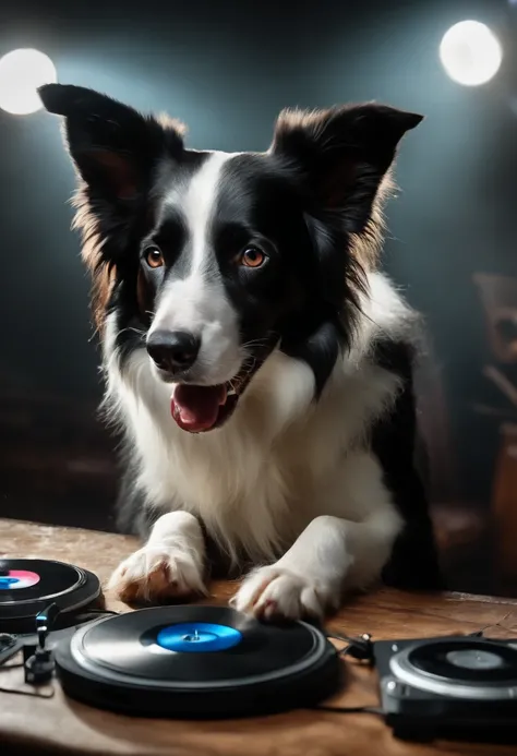 um cachorro Border Collie, pintura estilo 3D aquarela, DJ dog listening to music, Border Collie DJ dog, imagem completa, High resolution high contrast (fotorrealista:1.5), (Foto RAW, 8k UHD,