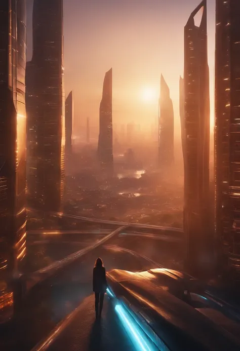 An epic shot of dawn in a futuristic city, Biomechanicals, estranho, assustador, Pesadelo, cores muito brilhantes, light particles, com luz brilhante, Mshiff, Arte do papel de parede, Papel de parede UHD, An epic shot of dawn in a futuristic city.