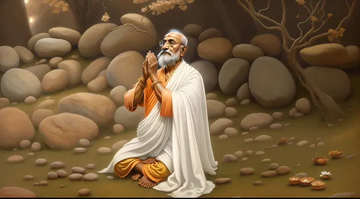 Painting of a man sitting on the ground with a white cloak, inspirado em Bapu, holy man looking down at the ground, por Bapu, wise old indian guru, inspirado em Ram Chandra Shukla, inspirado em Kailash Chandra Meher, GANDHI, old man, Samadhi, praying, orar...