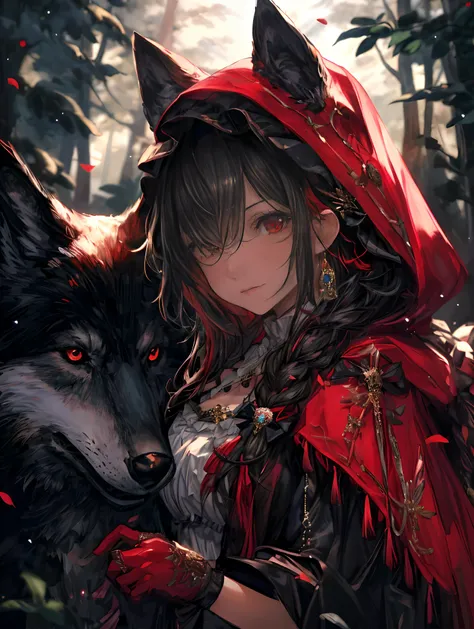 (best quality,4k,highres,masterpiece:1.2),ultra-detailed,realistic:1.37,portrait,dark fantasy,red color scheme,soft lighting,emotional,enchanted forest,ominous atmosphere,eye-catching,storytelling,anatomy,anime style,concept art,beautiful detailed face and...