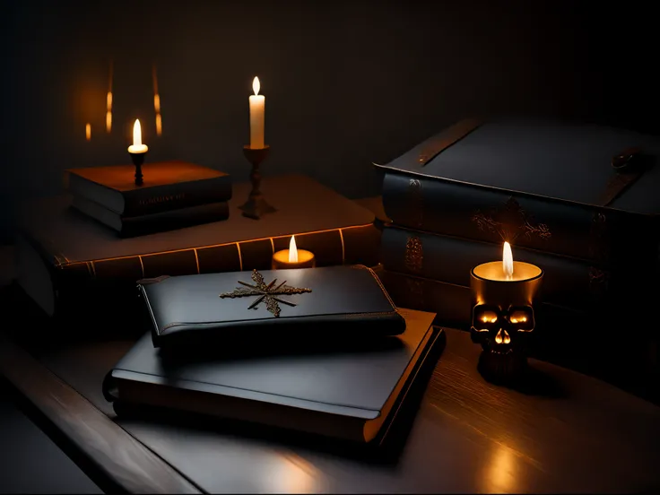 A moody still life photography of a wooden table with lit up candles, leather cover books, a cross and a skull, evoking a sense of introspection and reflection, memento mori aesthetics, iluminated through a hazy light