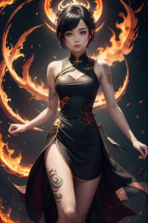 1 girl, balance, yin-yang, dragon background, tattoo, fire, low light, mythical, short dress, Chinese style dress, sleeveless dress, short hair, black hair, accessories, mistical freckles, cute, ultra high quality