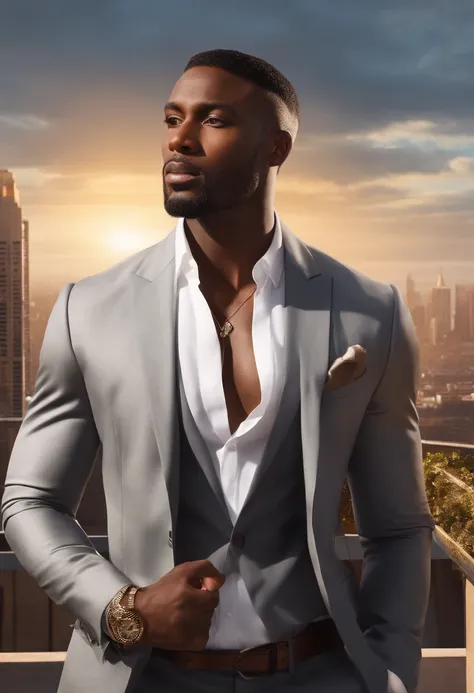 (black skinned man with fake abs, in shape, slightly muscular with pecs) ,beard,stubble, serious face, piercing eyes, short hair, wearing a stylish suit, standing confidently in a modern, urban setting, with buildings in the background, under warm, golden ...