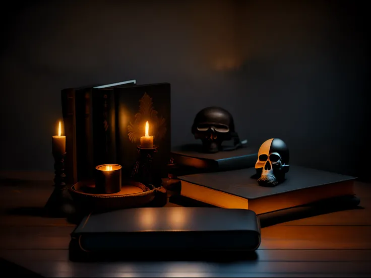 A moody still life photography of a wooden table with lit up candles, leather cover books, a cross and a skull, evoking a sense of introspection and reflection, memento mori aesthetics, iluminated through a hazy light