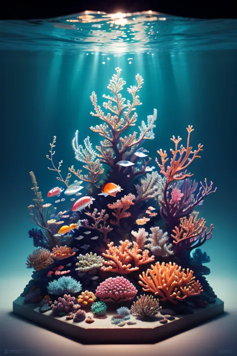 Capture the beauty and diversity of living things in a marine coral reef. Capture the bright and festive colors of reef wildlife and flora. Focus on Scale, displaying different species of fish, Starfish, Jellyfish, Their unique shapes and patterns. Convey ...