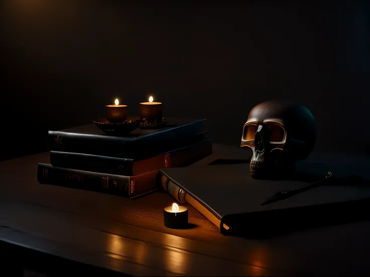 A moody still life photography of a wooden table with lit up candles, leather cover books, a cross and a skull, evoking a sense of introspection and reflection, memento mori aesthetics, iluminated through a hazy light