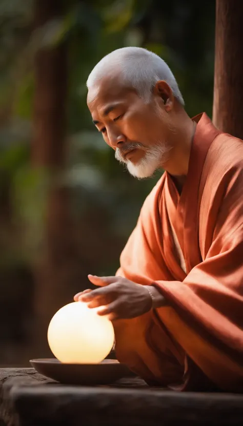 Close-up of a 30-year-old middle-aged Asian man，Holding a glowing ball in your hand,Longas, whitish hair，Barba longasa，Cross-legged sitting meditation ignites the aura of magic around you，taoist master,taoist