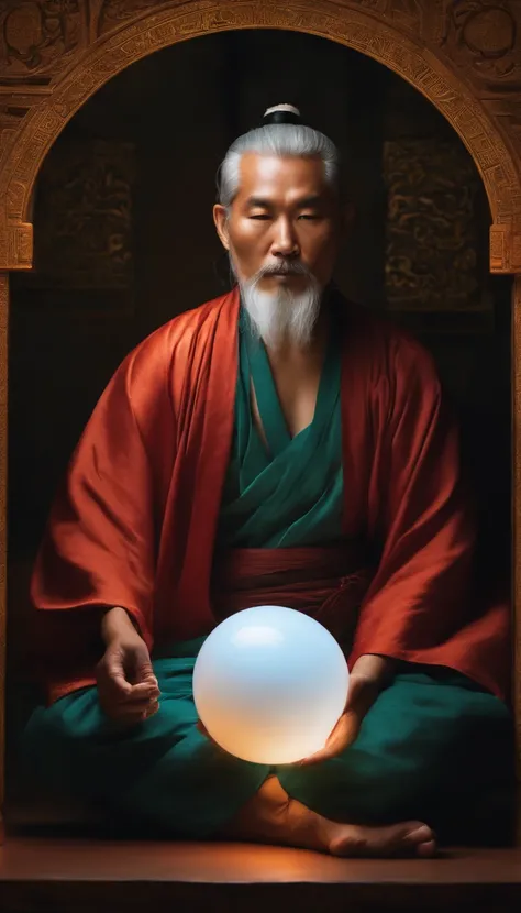 Close-up of a 30-year-old middle-aged Asian man，Holding a glowing ball in your hand,Longas, whitish hair，Barba longasa，Cross-legged sitting meditation ignites the aura of magic around you，taoist master,taoist