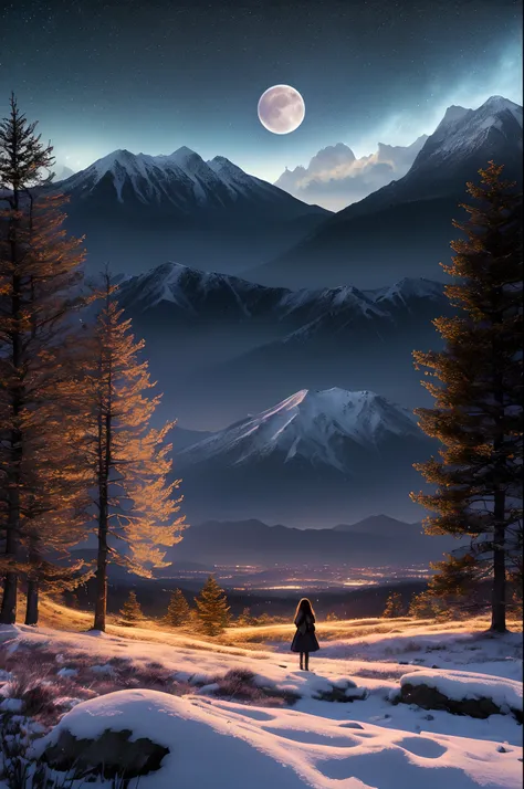 A wide landscape photo, (viewed from below, the sky is above, and the open field is below), a girl standing on a flower field looking up, (full moon: 1.2), (meteor: 0.9), (nebula: 1.3), distant mountains , Trees BREAK Crafting Art, (Warm Light: 1.2), (Fire...