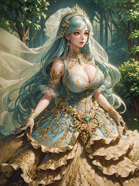 ((anime artstyle)),(Masterpiece),(Best Quality), (Super Detail),((Very Delicate and Beautiful)),cinematic lighting,1 girl,((full body portrait)),((standing in garden)),((solo)),(((1 fairytale princess in gorgeous embroidery and jeweled extremely gorgeous r...