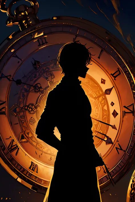 (best quality, high resolution, ultra-detailed, realistic: 1.37), silhouette of a man holding a striking pocket watch, surrounded by darkness and clocks, illustrative rendering, intricate details, mysterious atmosphere, vibrant colors, dynamic lighting, st...