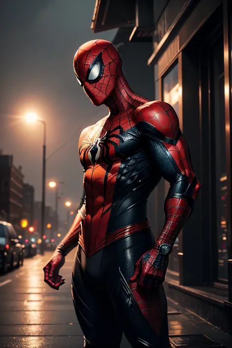 Spiderman stands posing, details modern clothing, HDR, UHD, 64K, highly detailed, professional photography , sketch style, ink scratches, sharp lines, trending on artstation, realistic engine, vivid colors , high resolution scanning, The camera details eve...